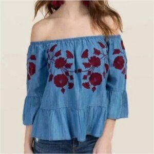 Blue Rain Chambray Boho Off-the-Shoulder Embroidered Top Size Medium